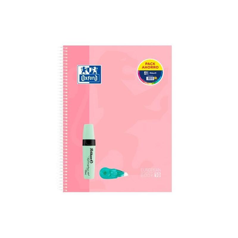 Oxford Pack Cuaderno Europeanbook 10 Touch 150h A4+ 5x5 Tapa Extradura + Textmarker 490 + Fancy Roller Pastel