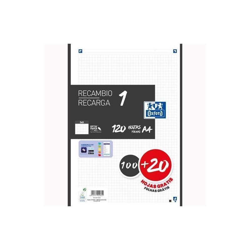 Oxford Recambio 100h + 20h Gratis 4 Taladros A4 90gr 5x5 1 Banda Negro