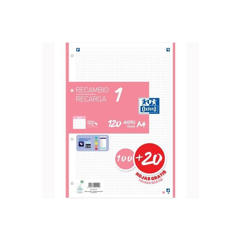 Oxford Recambio 100h + 20h Gratis 4 Taladros A4 90gr 5x5 1 Banda Rosa Chicle