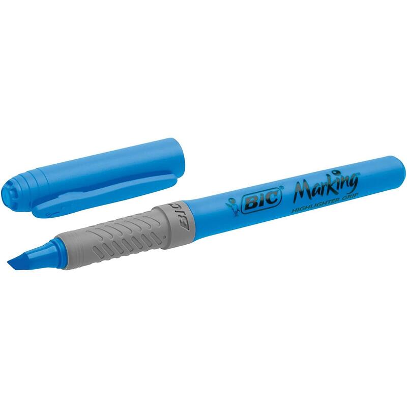 Pack 12 Unidades Bic Highlighter Grip Marcador Fluorescente - Tinta Con Base De Agua - Punta Biselada - Trazo Entre 1.60 Y 3.30 Mm - Color Azul