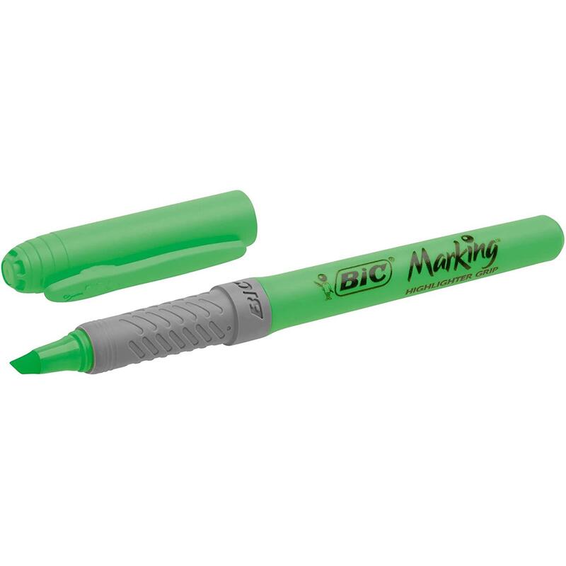Pack 12 Unidades Bic Highlighter Grip Marcador Fluorescente - Tinta Con Base De Agua - Punta Biselada - Trazo Entre 1.60 Y 3.30 Mm - Color Verde