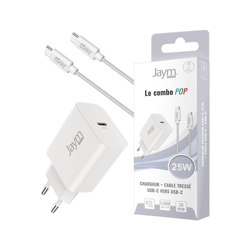 Pack Cargador De Red Usb-C Pd 25w + Cable Tressé Usb-C Vers Usb-C 1.5m (60w) - Blanco - Jaym® Pop