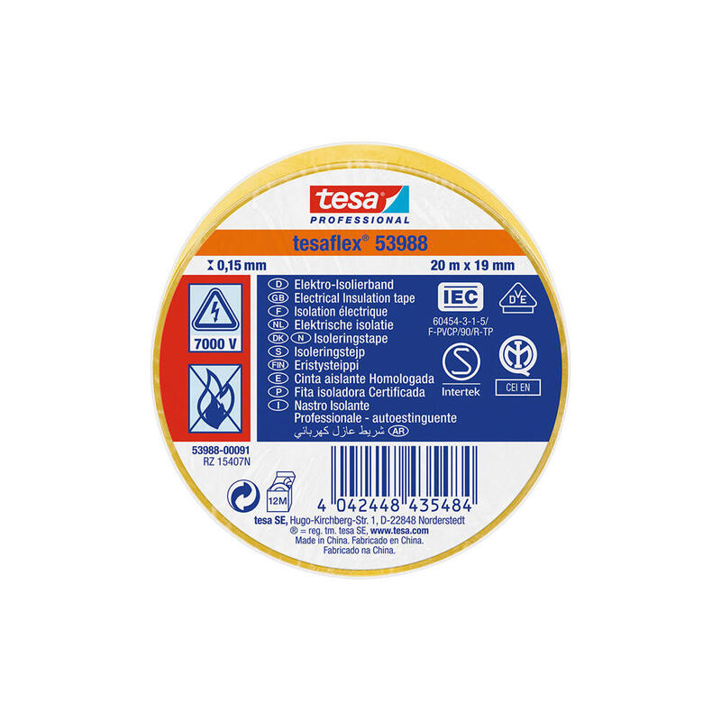 Pack De 10 Unidades - Cinta Aislante Homologada Amarilla 20m X 19mm 53988 Tesa