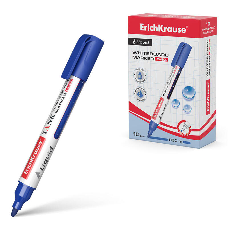 Pack De 10 Unidades Erichkrause Marcador Para Pizarra Blanca Con Tinta Liquida Liquid Lw-600 - Tecnologia Free Ink - Punta En Forma De Bala - Color Azul