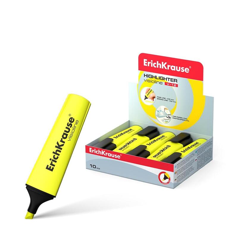 Pack De 10 Unidades Erichkrause Visioline V-12 - Marcador De Texto Con Punta Biselada - Tinta Fluorescente A Base De Agua - Color Amarillo