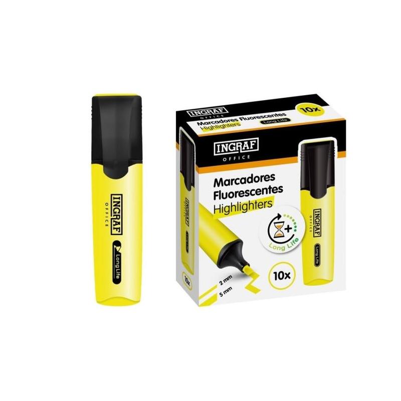 Pack De 10 Unidades Ingraf Long-Life Marcador Fluorescente - Punta Biselada - Trazo 2-5mm - Tinta Base De Agua - Color
