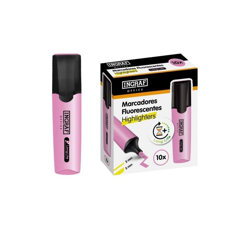 Pack De 10 Unidades Ingraf Long-Life Marcador Fluorescente - Punta Biselada - Trazo 2-5mm - Tinta Base De Agua - Color