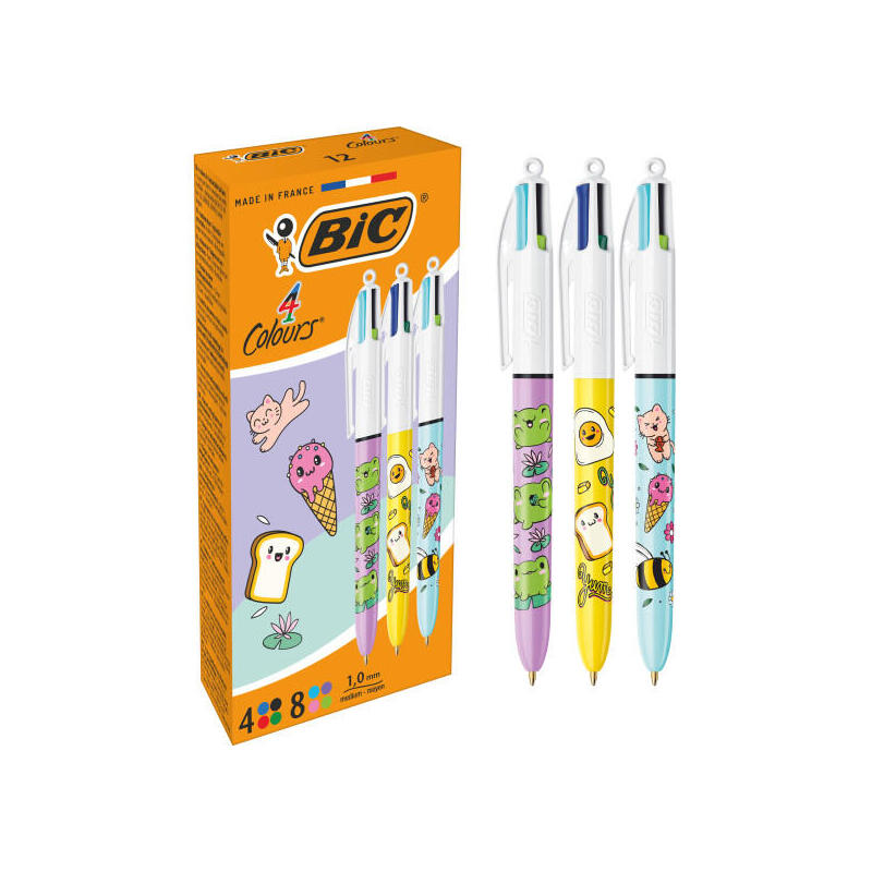 Pack De 12 Unidades Bic 4 Colours Decors Kawaii Boligrafo De Bola Retractil - Punta Media De 1.0mm - Tinta Con Base De