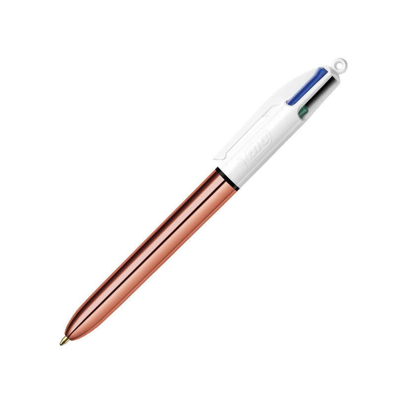 Pack De 12 Unidades Bic 4 Colours Rose Gold Boligrafo De Bola Retractil - Punta Media De 1.0 Mm - Tinta Con Base De Aceite - Cuerpo Rosa Metalizado/Blanco