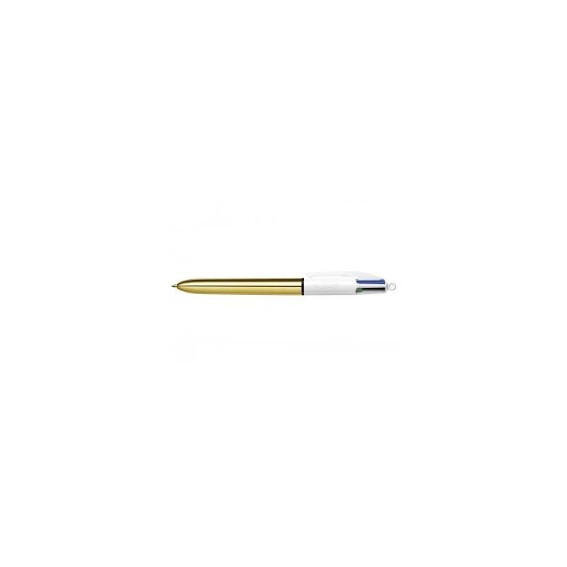 Pack De 12 Unidades Bic 4 Colours Shine Boligrafo De Bola Retractil - Punta De 1mm - Trazo De 0.4mm - Tinta Con Base De Aceite - Cuerpo Oro/Blanco - 4 Colores