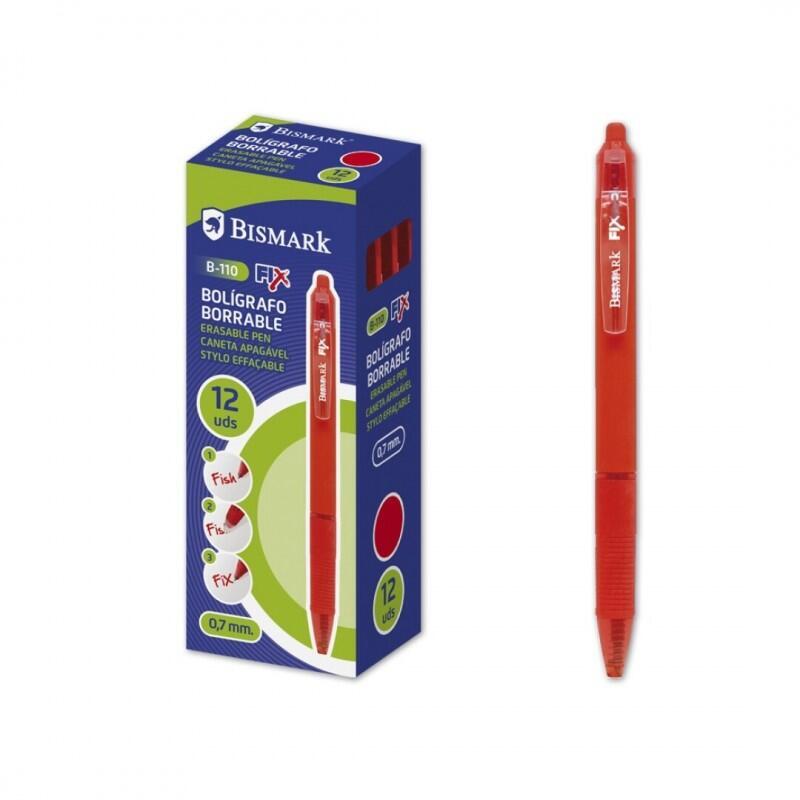 Pack De 12 Unidades Bismark Fix Boligrafo Retractil Borrable - Punta Fina 0.7mm - Con Clip - Color Rojo