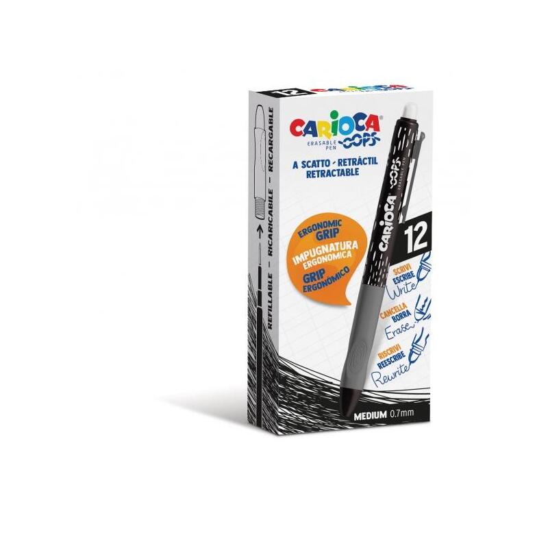 Pack De 12 Unidades Carioca Oops Boligrafos Borrables - Tinta Negra Termo Sensible - Empuñadura Ergonomica Triangular -