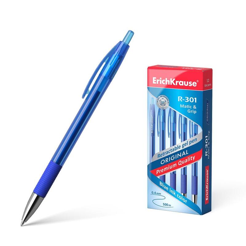 Pack De 12 Unidades Erichkrause Boligrafo De Gel Automatico R-301 Original Gel Matic&Grip - Punta De 0,5mm - Tinta De Gel De Secado Rapido - Cuerpo Transparente - Color Azur