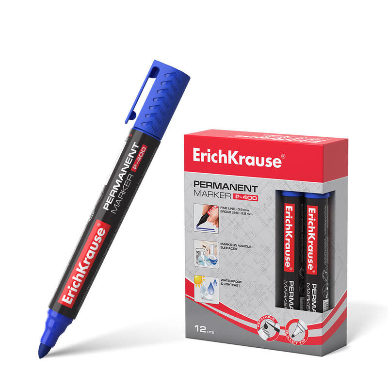 Pack De 12 Unidades Erichkrause Marcador Permanente P-400 - Punta En Forma De Bala - Resistente A Multiples Superficies - Color Azul