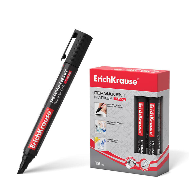 Pack De 12 Unidades Erichkrause Marcador Permanente P-500 - Punta Biselada - Resistente Al Agua Y A Los Rayos Uv - Color Negro
