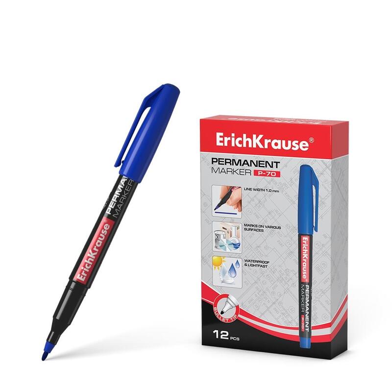 Pack De 12 Unidades Erichkrause Marcador Permanente P-70 - Punta De Bala De 1.0mm - Resistente Al Agua Y A La Luz - Color Azul