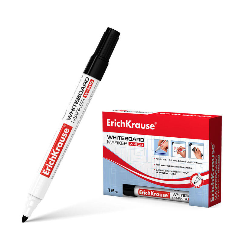 Pack De 12 Unidades Erichkrause Marcador Pizarra W-500 - Punta En Forma De Bala Resistente Al Daño - Ancho De Escritura De 08 A 25mm - Tinta A Base De Alcohol - Color Negro