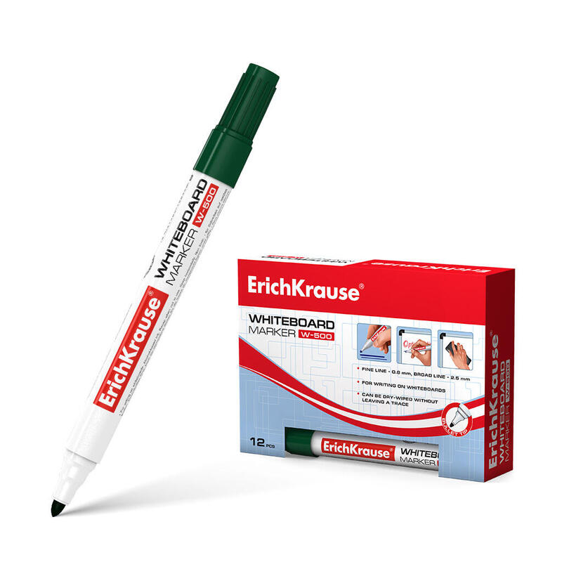 Pack De 12 Unidades Erichkrause Marcador Pizarra W-500 - Punta En Forma De Bala Resistente Al Daño - Ancho De Escritura De 08 A 25mm - Tinta A Base De Alcohol - Color Verde