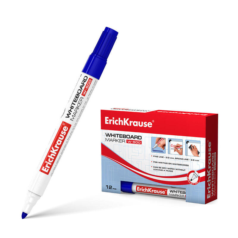 Pack De 12 Unidades Erichkrause Marcador Pizarra W-500 - Punta Resistente Al Daño - Ancho De Escritura De 0.8 A 2.5mm - Tinta A Base De Alcohol - Color Azul