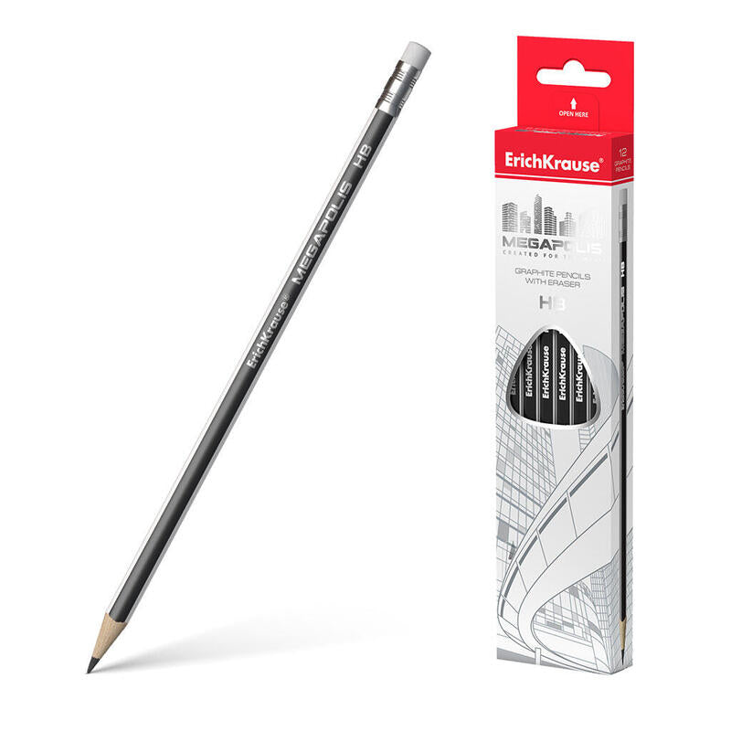 Pack De 12 Unidades Erichkrause Megapolis Hb - Lapiz De Grafito Triangular Con Goma De Borrar - Madera Seleccionada - Dureza Hb - Resistente Al Impacto - Facil Afilado - No Araña El Papel - Borrador De Dureza Media - Caucho Termoplastico Hi