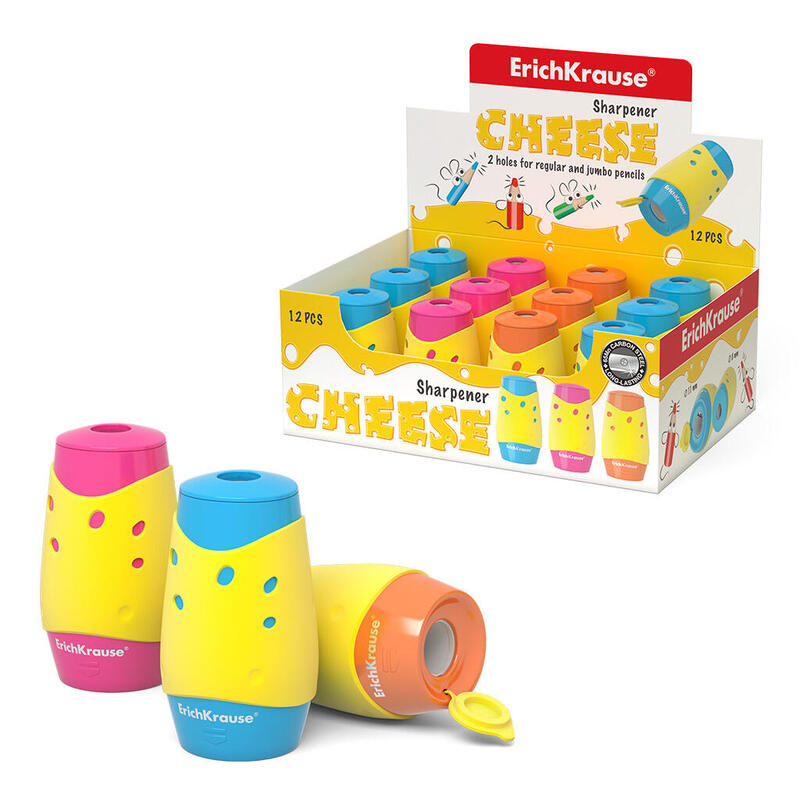 Pack De 12 Unidades Erichkrause Sacapuntas Cheese Dos Orificios - Con Contenedor - Diseño De Queso - Orificios De 8mm Y 11mm - Hoja De Acero Al Carbono - Color Amarillo