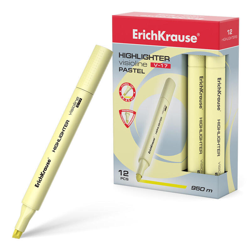 Pack De 12 Unidades Erichkrause Visioline V-17 Pastel - Marcador De Texto - Punta Biselada - Tinta Fluorescente A Base De Agua - Color Amarillo