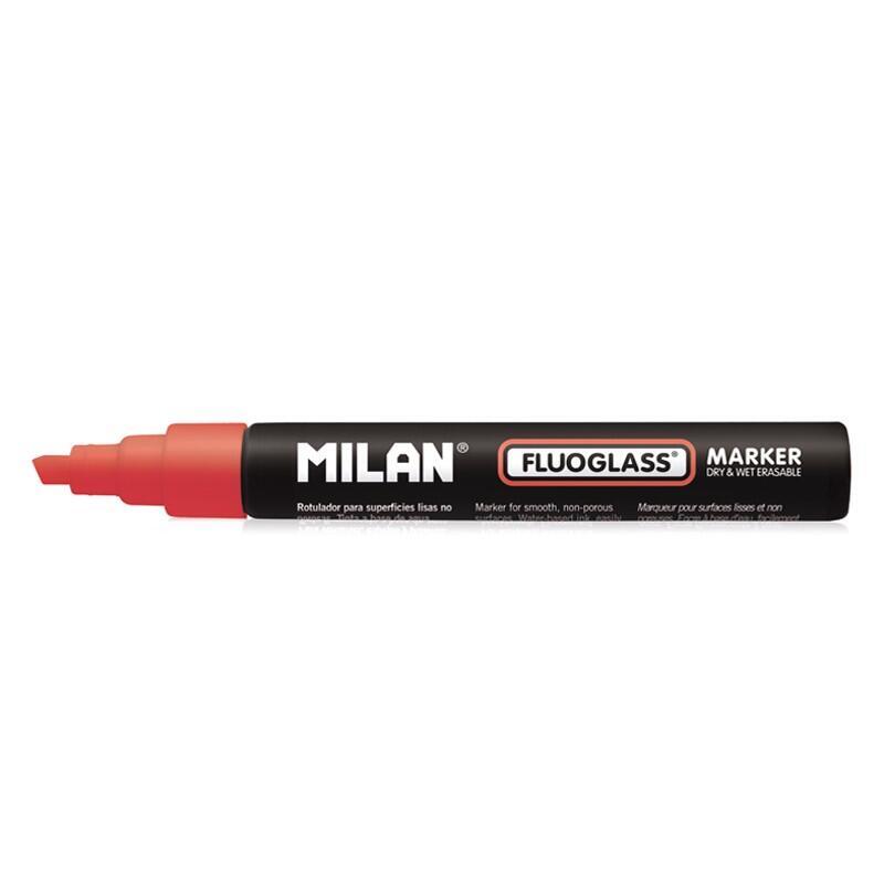 Pack De 12 Unidades Milan Fluoglass Rotulador Superficies Lisas (No Porosas) - Punta Biselada - Trazo De 2 A 4mm - Tinta Al Agua - Borrado Facil - Color Rojo