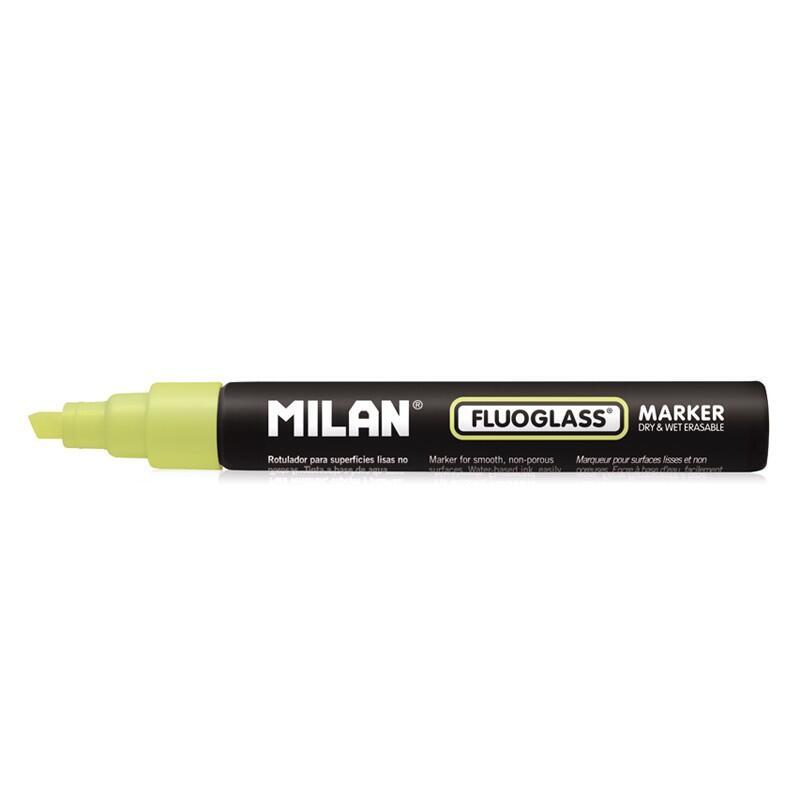 Pack De 12 Unidades Milan Fluoglass Rotulador Superficies Lisas - Punta Biselada - Trazo De 2 - 4mm - Tinta Al Agua - Borrado Facil - Color Amarillo