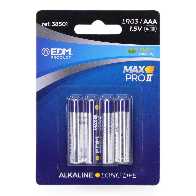 Pack De 12 Unidades - Pila Edm Alkalina Long Life Aaa - Lr03 1,5v (Blister 4 Unid.) Ø10,5x44,5mm