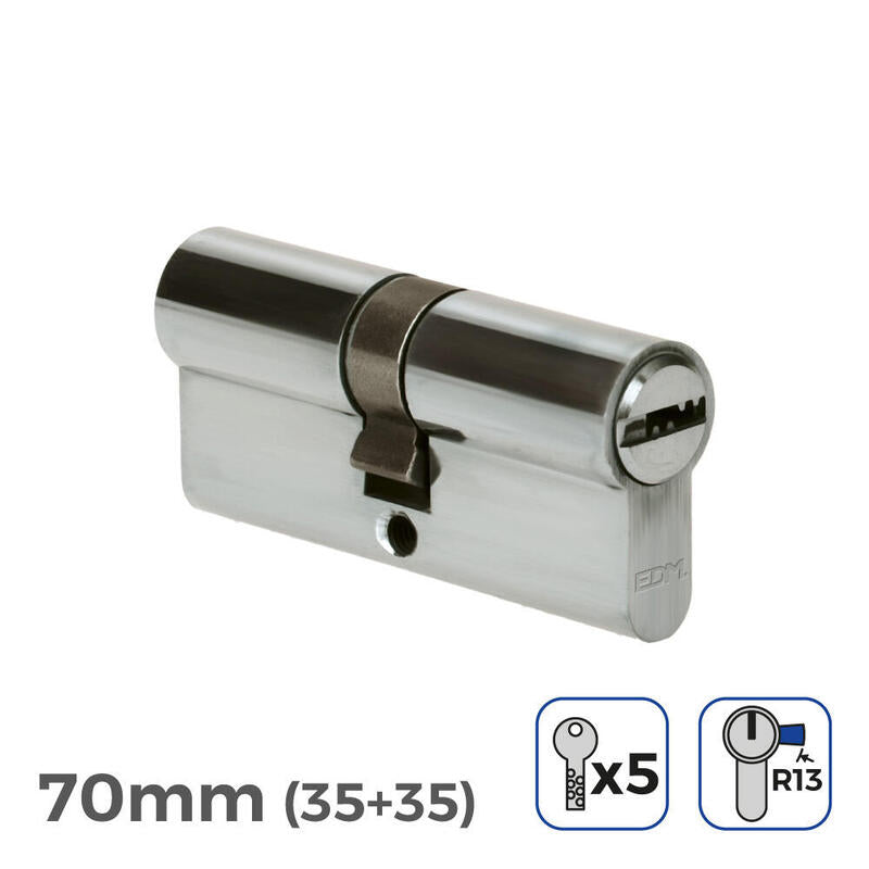 Pack De 2 Unidades - Bombin Niquel 70mm (35+35mm) Leva Corta R13 Con 5 Llaves Seguridad Incluidas Edm