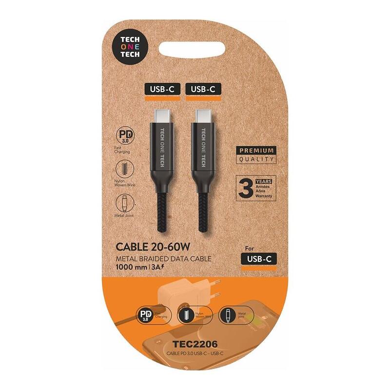 Pack De 2 Unidades - Cable Usb-C A Usb-C 20-60 W 3 A, Negro, 1m