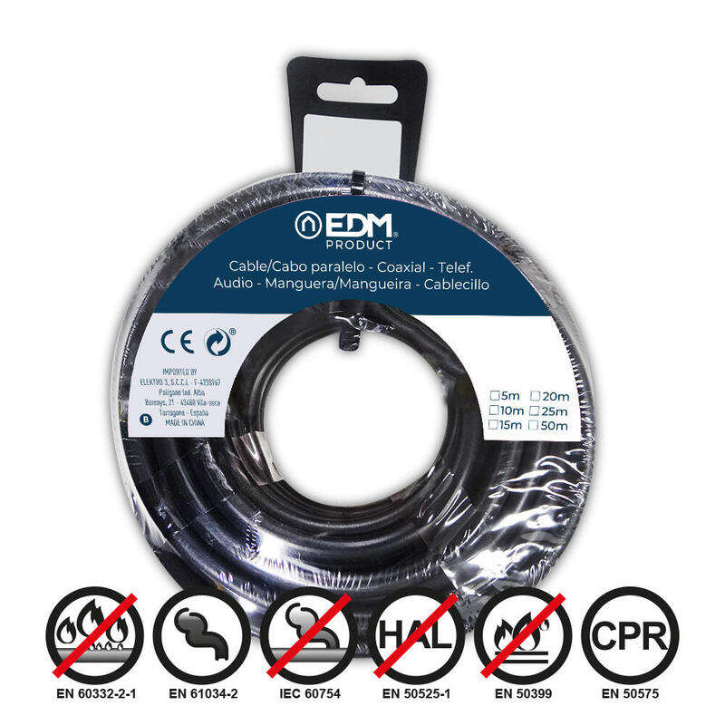 Pack De 2 Unidades - Carrete Cablecillo Flexible 2,5mm Negro Libre De Halógenos 10m