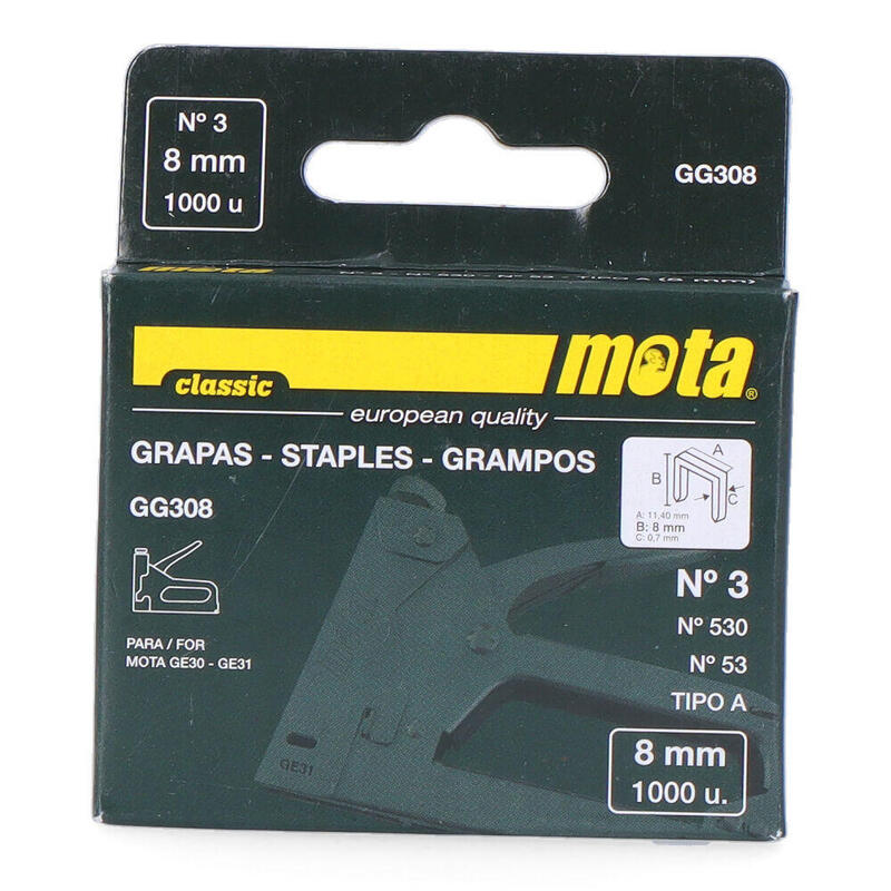 Pack De 2 Unidades - Grapas Número 3 De 8mm 1000 Unid. Espesor 0,7mm Gg308 Mota
