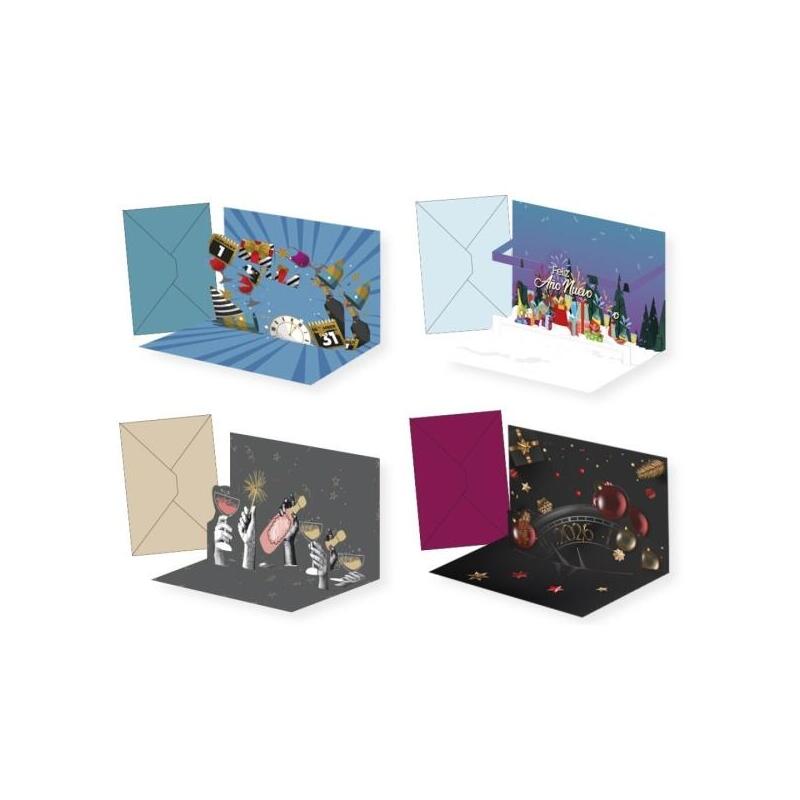 Pack De 24 Unidades Bismark Tarjeta Pop Up De Felicitacion De Año Nuevo Con Sobre - Decorada Con Foil Y Relieves Pop Up
