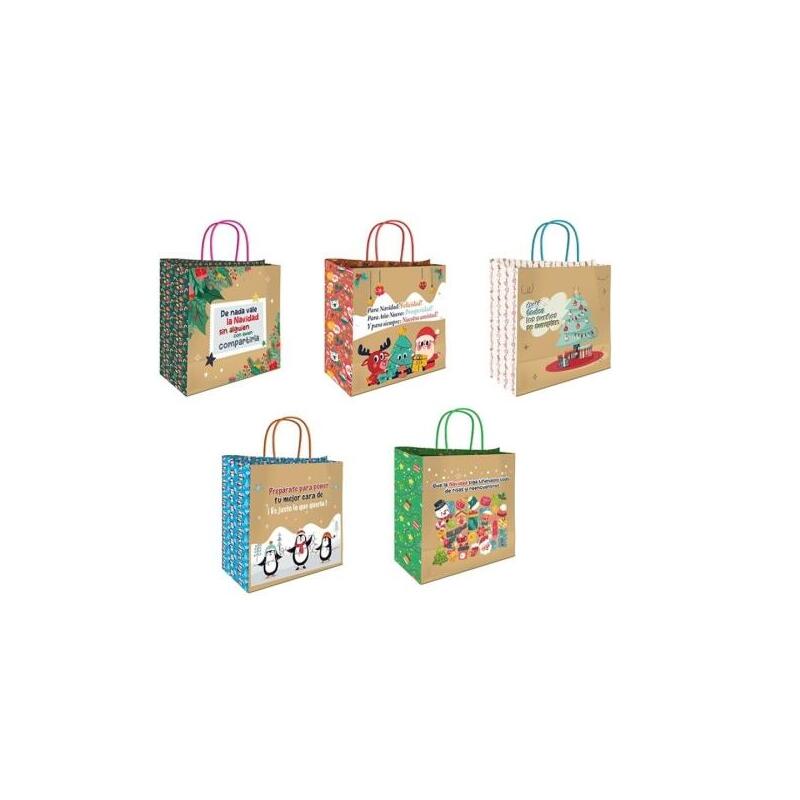 Pack De 25 Unidades Bismark Bolsa De Papel Kraft Con Mensajes Navideã±Os - Medidas 26x8x24cm - 5 Diseã±Os Diferentes