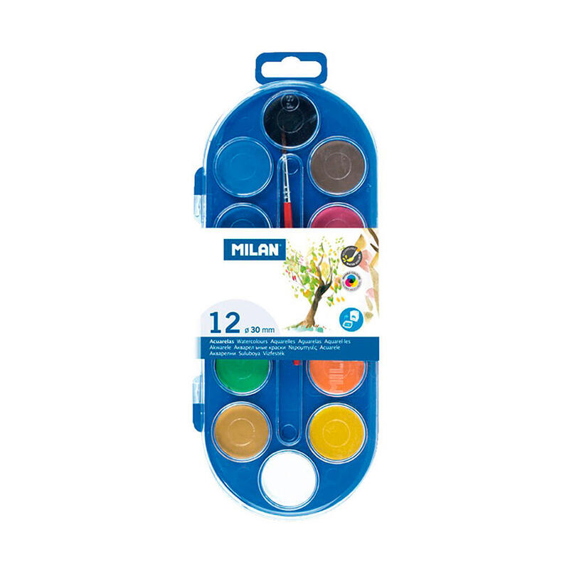 Pack De 3 Unidades - Estuche Con 12 Pastillas De Acuarelas Ø30mm + 1 Pincel Milan