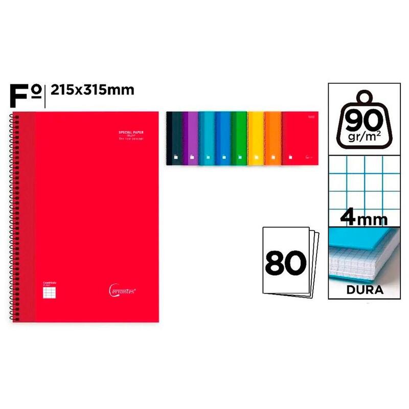 Pack De 4 Unidades - Cuaderno A4, Con Espiral, Tapa Dura, 80 Hojas Cuadrícula 4 Mm, Colores Surtidos