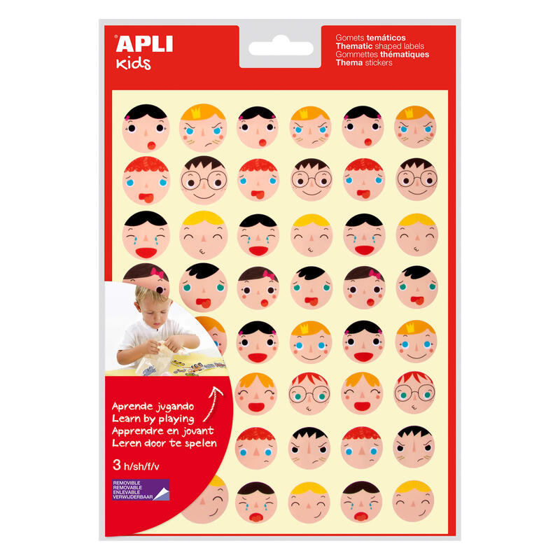 Pack De 5 Unidades Apli Gomets Emociones - Ø 23 Mm Y Ø 20 Mm - 144 Gomets Por Bolsa - 16 Diseños Diferentes - Adhesivo Removible - Ayuda A Expresar Emociones - Adhesivo Base Agua - Libre De Disolventes - Color Variado