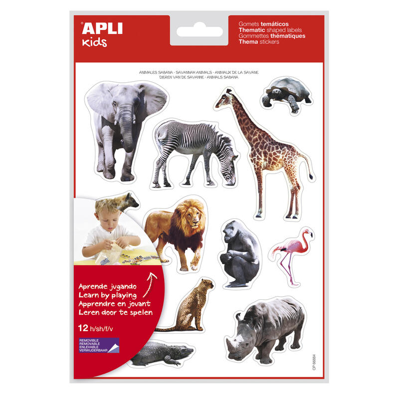 Pack De 5 Unidades Apli Gomets Tematicos Realistas Animales Sabana - 144 Gomets - Adhesivo Removible - Ideal Para Desarrollar Habilidades Motoras - Adhesivo Base Agua - Libre De Disolventes - Coloridos