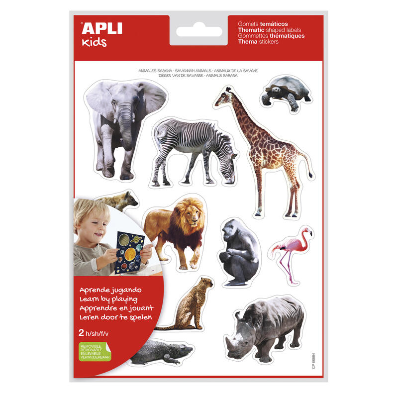 Pack De 5 Unidades Apli Gomets Tematicos Realistas Animales Sabana - 24 Gomets - Adhesivo Removible - Desarrollados Con Educadores - Ideal Para Habilidades Motoras - Adhesivo Base Agua - Libre De Disolventes - Coloridos