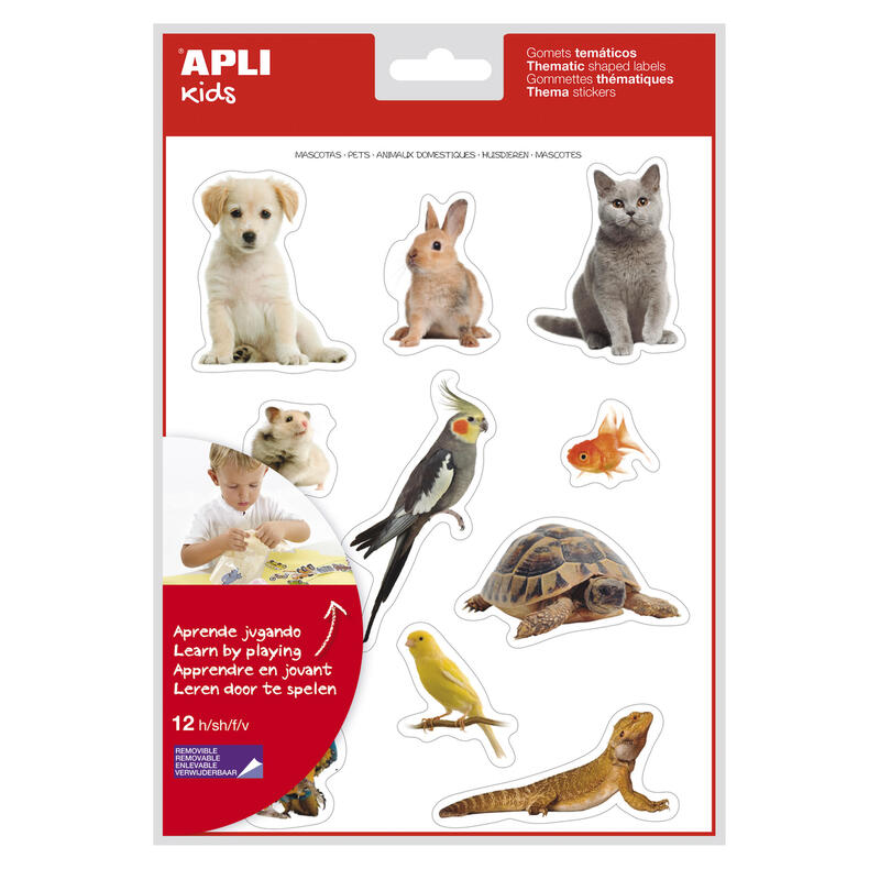 Pack De 5 Unidades Apli Gomets Tematicos Realistas De Mascotas - 132 Gomets En 12 Hojas - Adhesivo Removible - Ideal Para Desarrollar Habilidades Motoras - Normas En-71 Y Fsc - 100% Reciclables - Coloridos