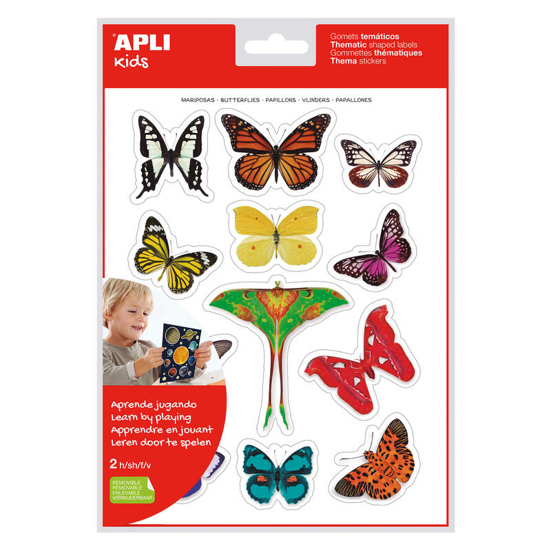 Pack De 5 Unidades Apli Gomets Tematicos Realistas Mariposas - 24 Unidades Por Bolsa - Adhesivo Removible - Fotografias A Todo Color - Adhesivo Base Agua - Libre De Disolventes - Colorido