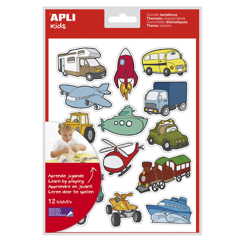 Pack De 5 Unidades Apli Gomets Tematicos Transportes - 180 Gomets En 12 Hojas - Adhesivo Removible - Ideal Para Aprendizaje - Cumple Normas En-71 Y Fsc - Adhesivo Base Agua - Ecf - 100% Reciclables - Coloridos