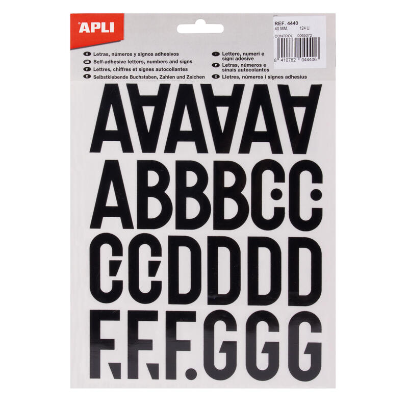 Pack De 5 Unidades Apli Letras De Palo Mayusculas Adhesivas - Altura 40mm - Pack De 5 Hojas - Color Negro - Facil Identificacion Y Señalizacion