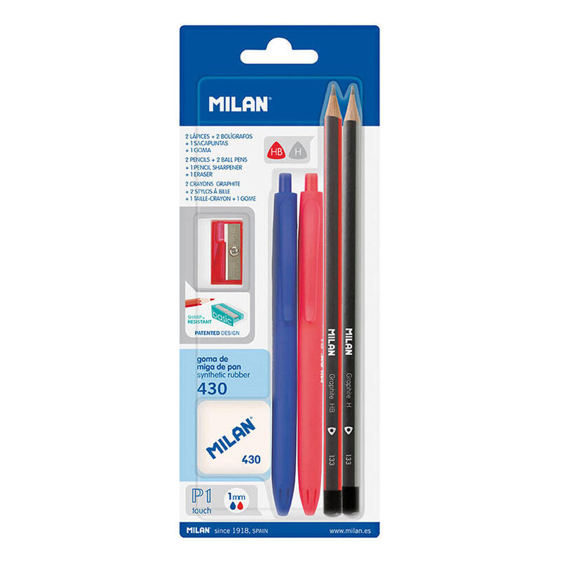 Pack De 5 Unidades - Blister Con 2 Bolígrafos P1 (Azul/Rojo), 2 Lapices Grafito Hb Y H, Goma 430 Y Sacapuntas Milan Colores / Modelos Surtidos