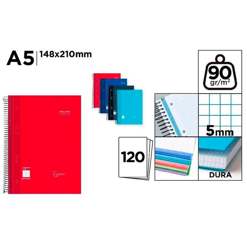 Pack De 5 Unidades - Cuaderno A5, Con Espiral, Tapa Dura, 120 Hojas Cuadrícula 5 Mm, Con Taladro, Colores Surtidos