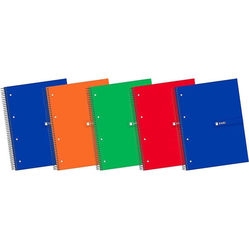 Pack De 5 Unidades Enri Plus Cuaderno Espiral Formato A4+ Cuadriculado 5x5mm - 120 Hojas + 40 Gratis Microperforadas - Cubierta Extradura - Colores Surtidos