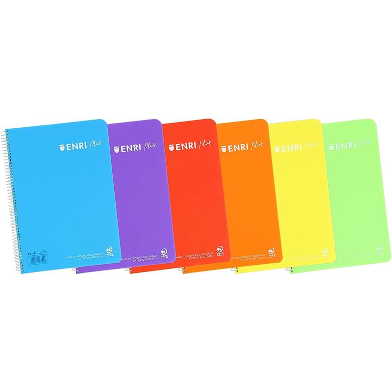 Pack De 5 Unidades Enri Plus Cuaderno Espiral Formato Folio 1 Linea - 80 Hojas 90gr Con Margen - Cubierta De Plastico - Colores Surtidos