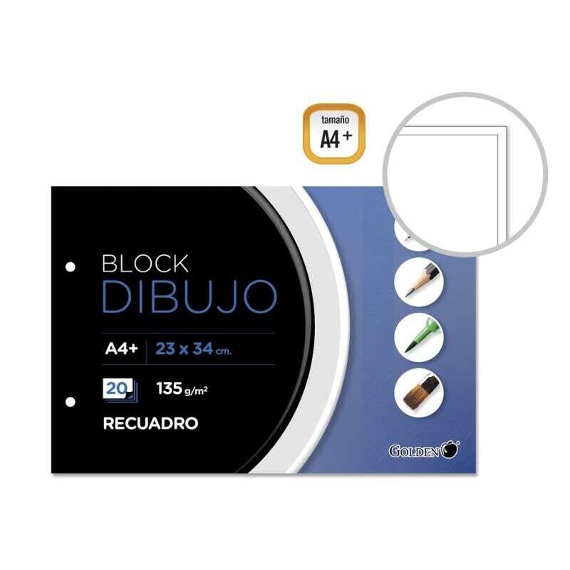 Pack De 5 Unidades Golden Bloc De Dibujo A4+ 20 Hojas Con Recuadro Interior - Papel De 135gr - Encolado Con 2 Taladros