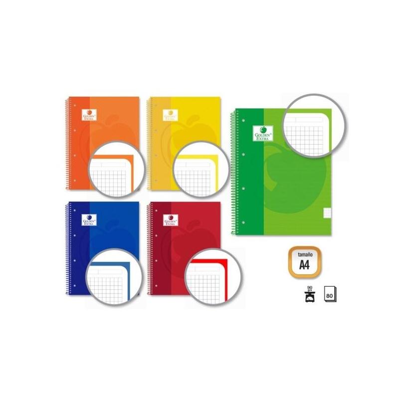 Pack De 5 Unidades Golden Extra Cuaderno Espiral A4 80 Hojas 90grs Cuadricula 5x5 - Hojas Microperforadas Con Banda De